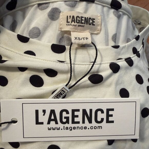 L'Agence Ressi Fitted Short Sleeve Tee in Ecru / Black Polka Dot Made in USA XS - Picture 6 of 8